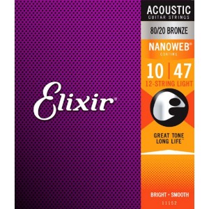 Elixir 11152 Nanoweb 80/20 Bronze 12 String Acoustic Guitar Strings, Light ( 10-47 )